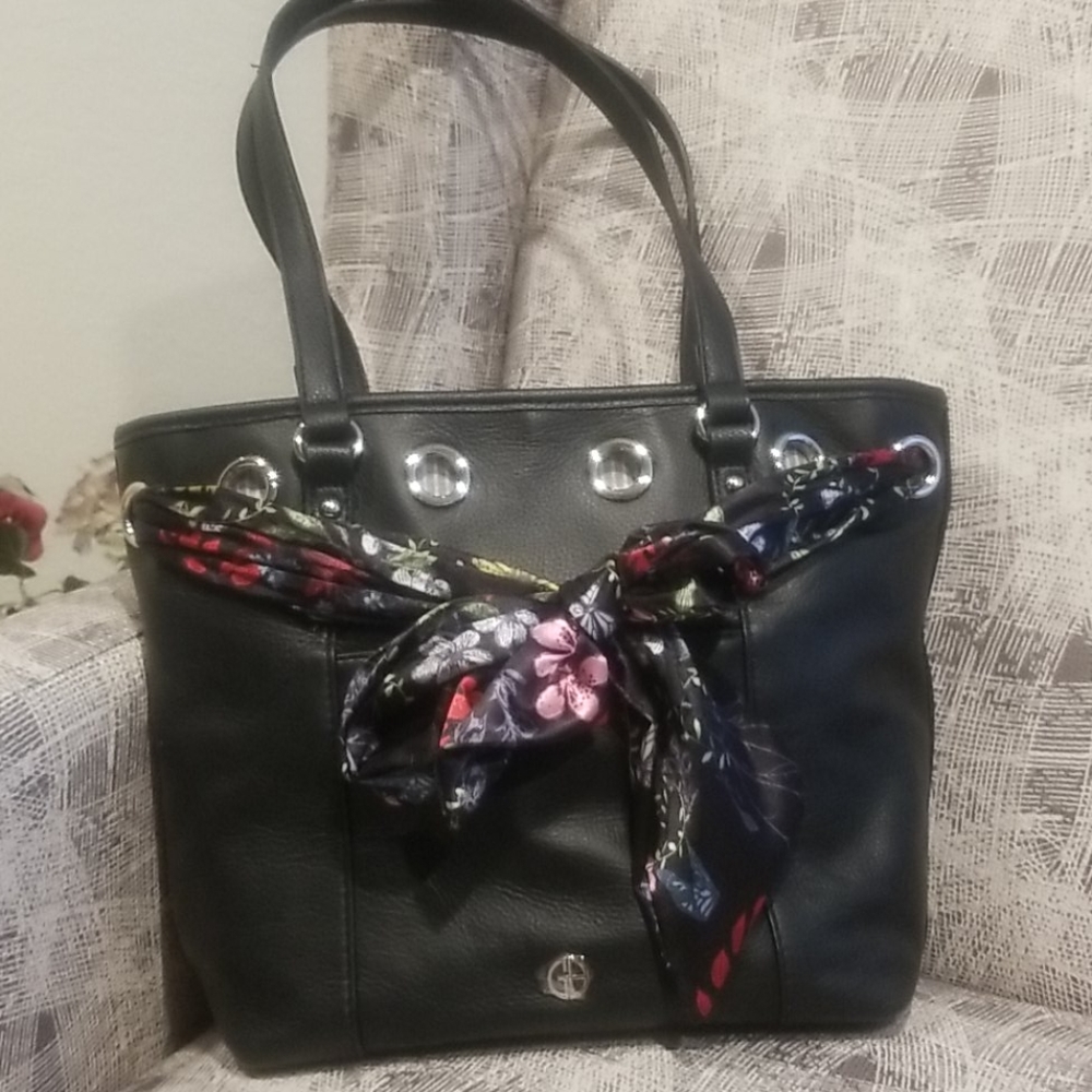 Giani Bernini Black Handbag with Floral Scarf Tie Shoulder Strap‎ NWT